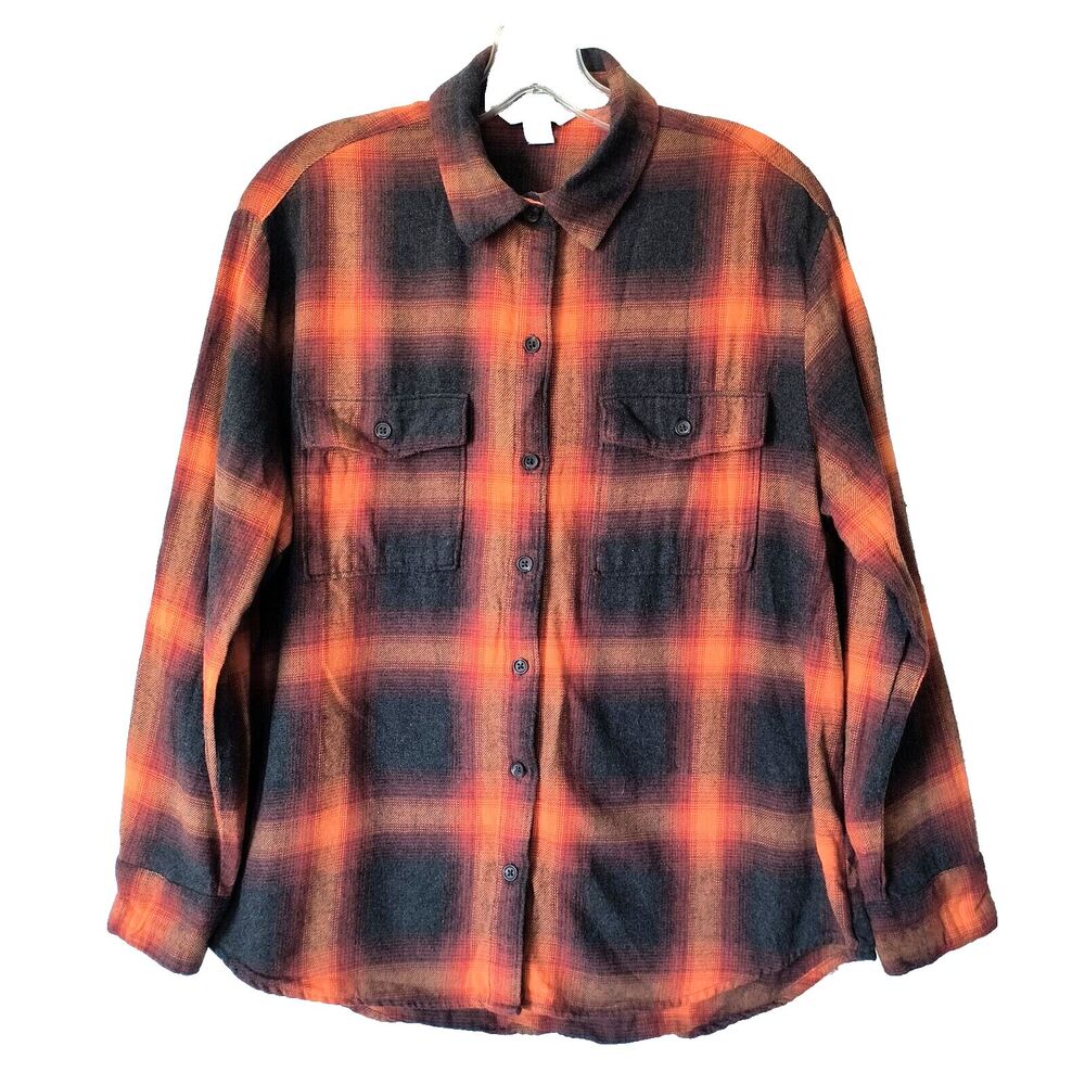 Old Navy Boyfriend Shirt Size Medium Evermore Swifty Plaid Flannel Orange Black